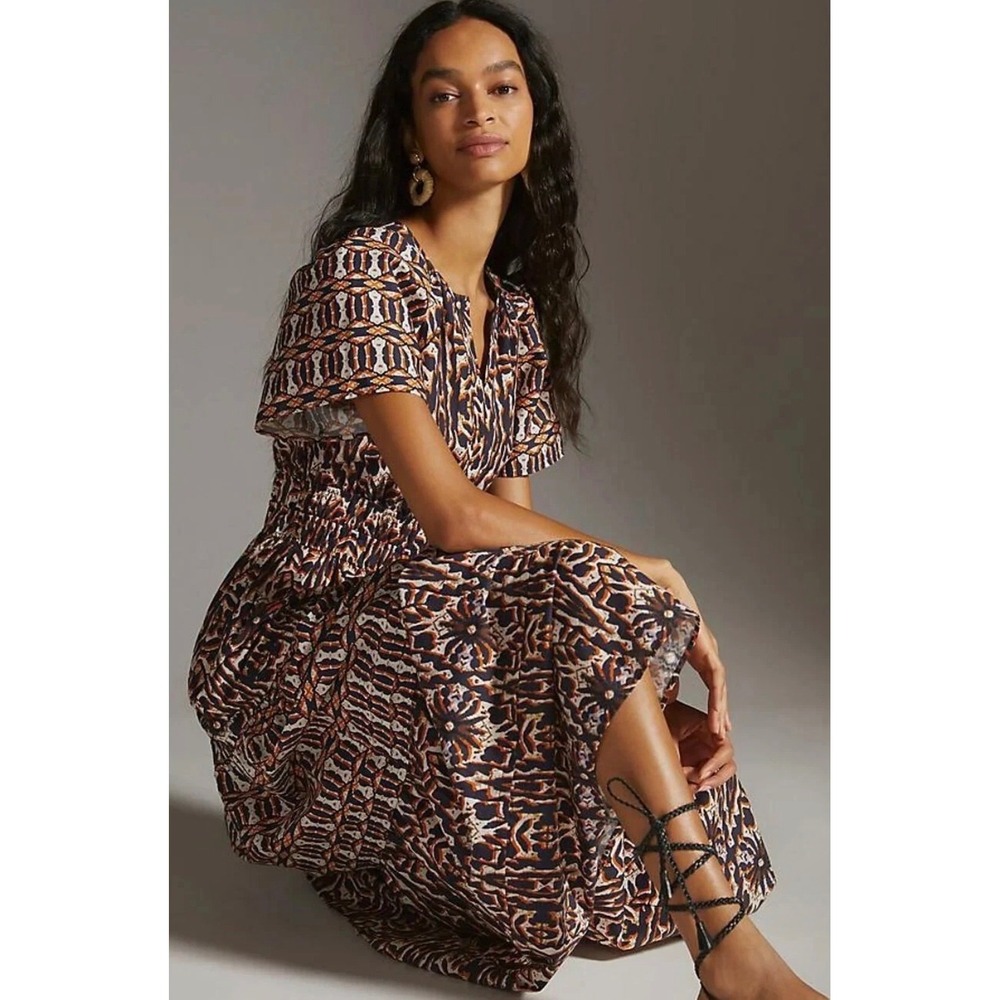 Anthropologie Somerset Maxi Dress Navy Orange Geometric Print Size M - Picture 2 of 10